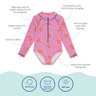 UV Protective Long Sleeve Swimsuit Pink Starfish. A pink swimsuit with long sleeves and a starfish pattern. It has a zip at the front.